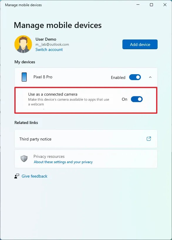 Enable Use as a connected camera option