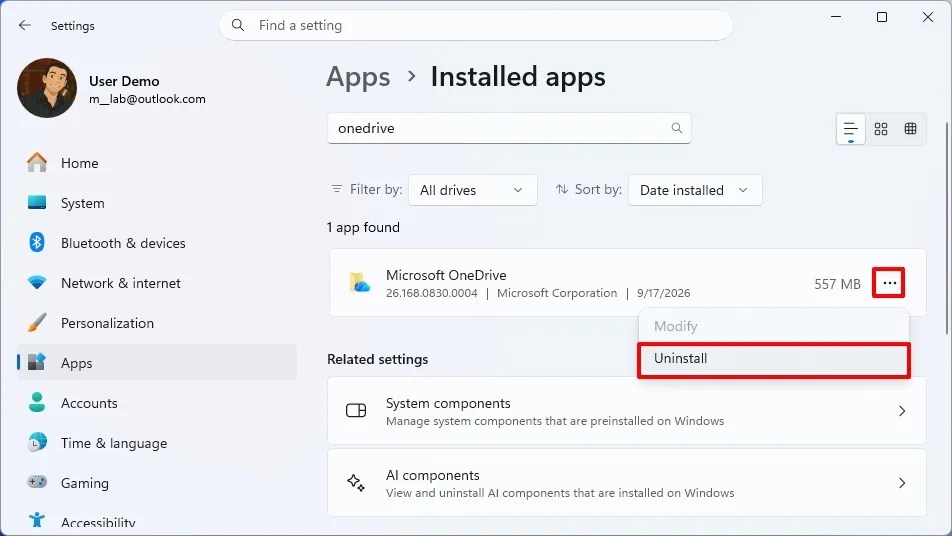 Settings app uninstall OneDrive