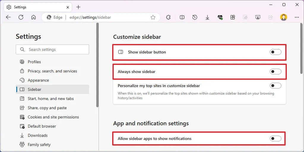 Microsoft Edge disable sidebar