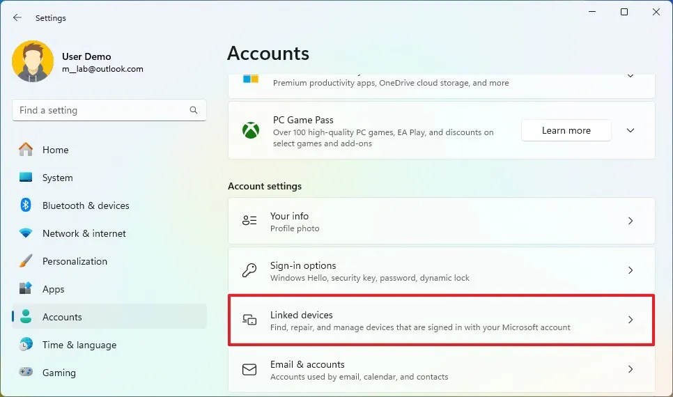 Windows 11 Settings Linked devices