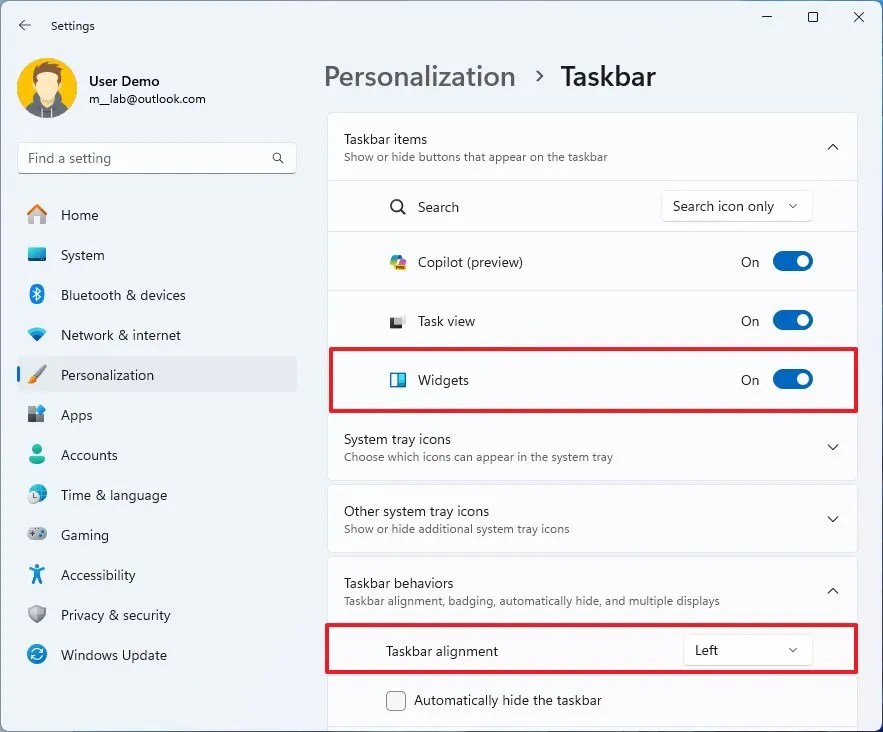 Taskbar settings align Widgets to the right