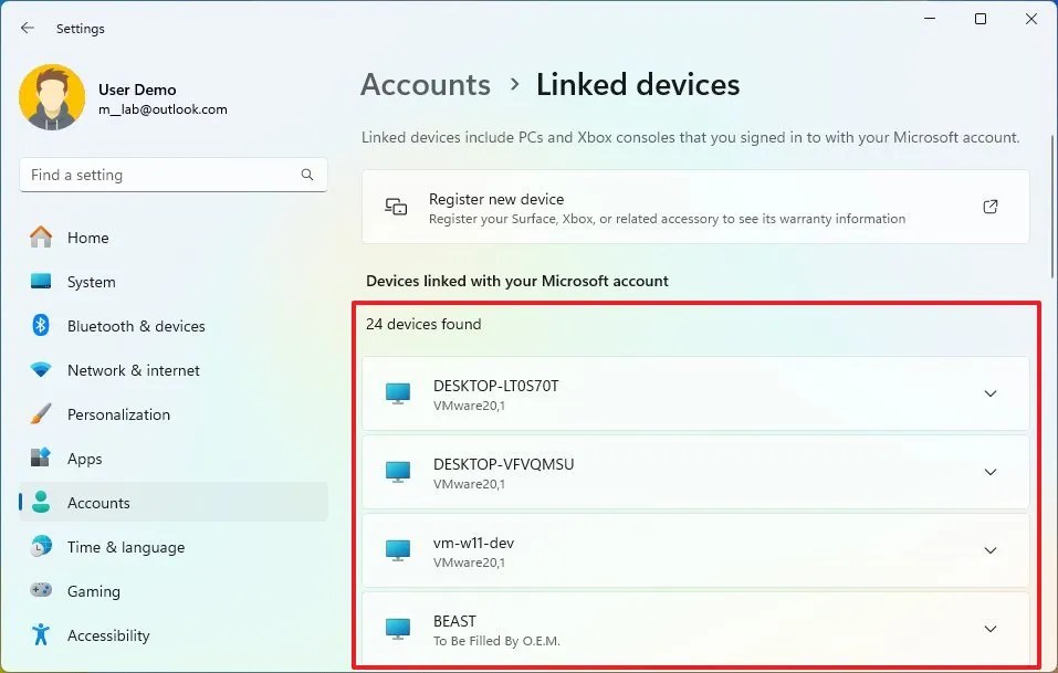 Devices linked to a Microsoft account