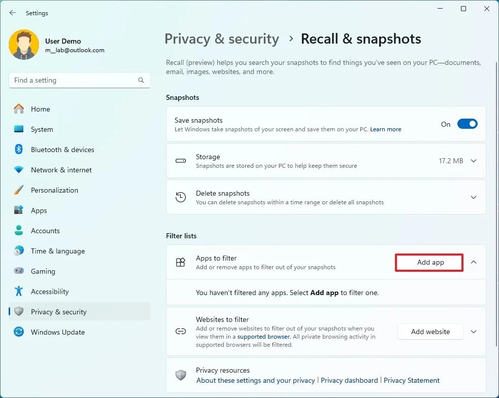 Recall apps filter setting