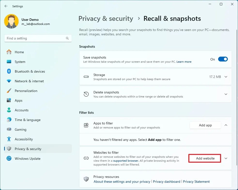 Recall website filter setting