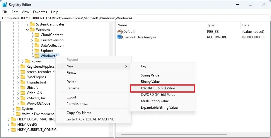 Registry create DisableAIDataAnalysis