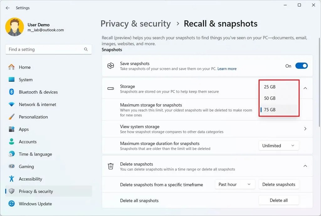 Windows Recall lower storage usage