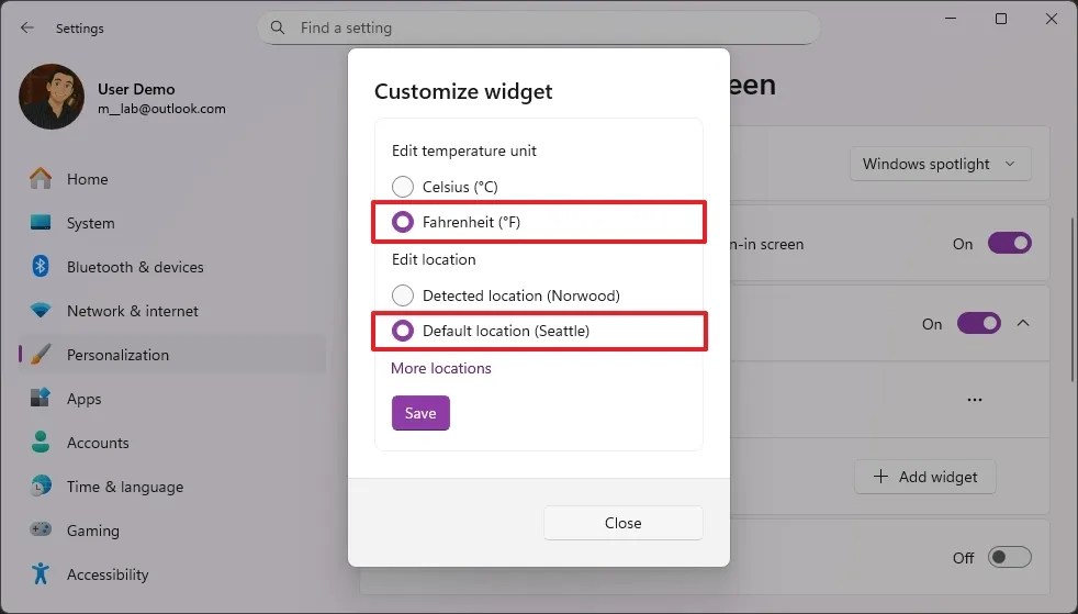 Change Weather unit and location