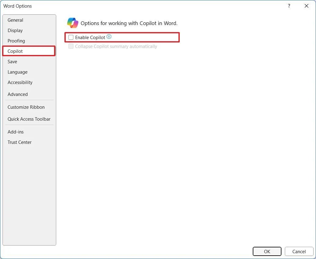 Disable Copilot in Word app