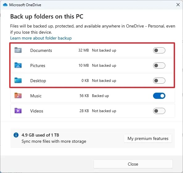 OneDrive vô hiệu hóa sao lưu thư mục