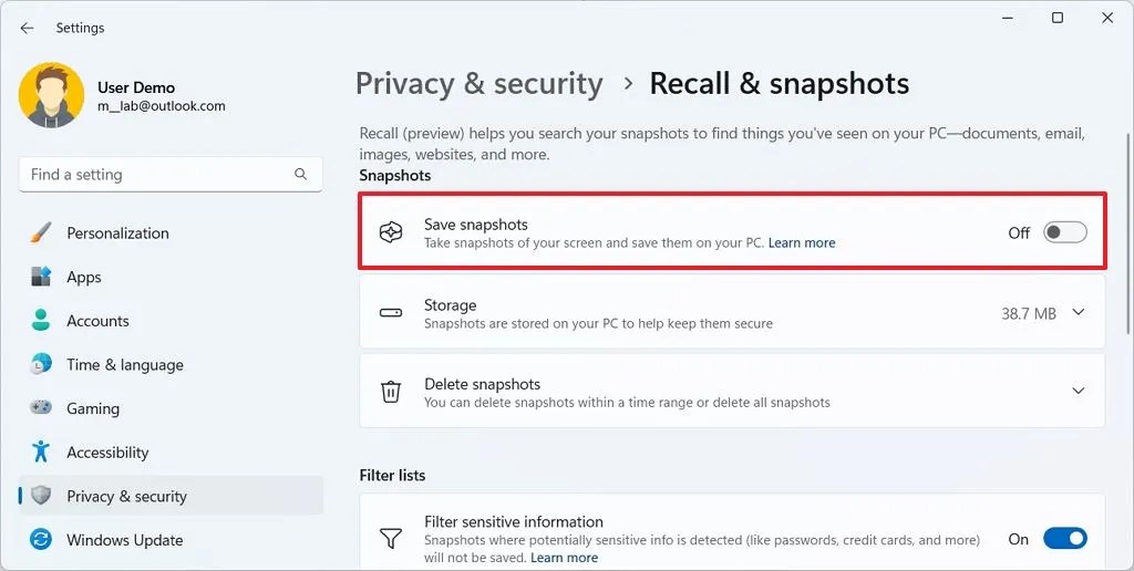 Windows 11 disable Recall