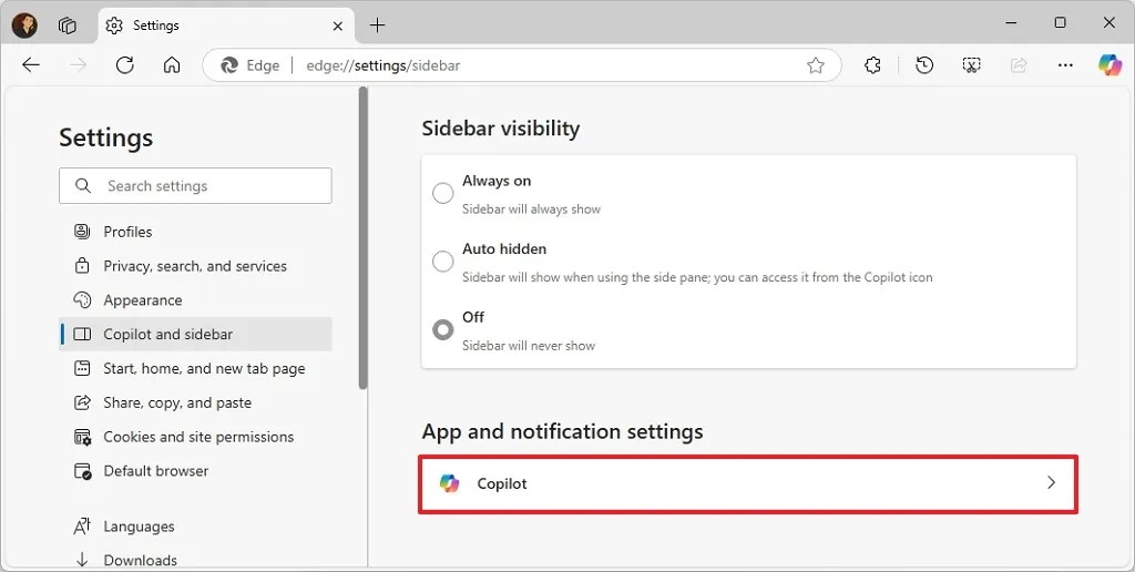 Microsoft Edge Copilot settings