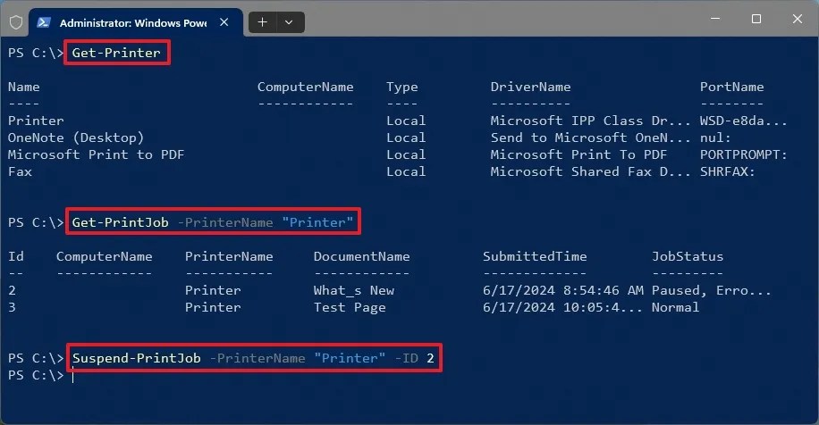 PowerShell tạm dừng công việc in