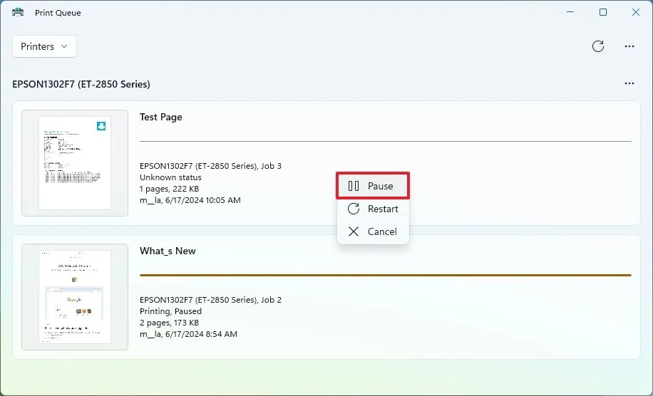 Công việc tạm dừng hàng đợi in