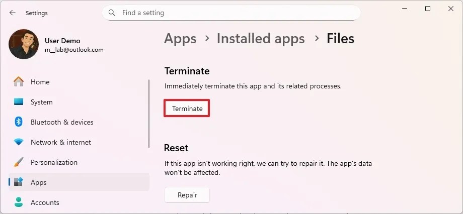 Settings force-quit app