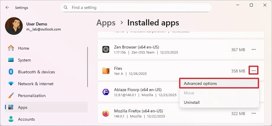 Settings advanced options for app