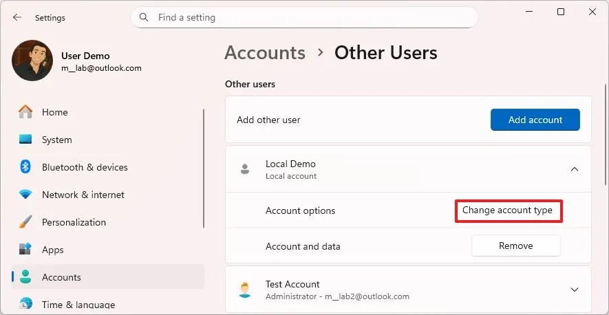 Windows 11 change account type
