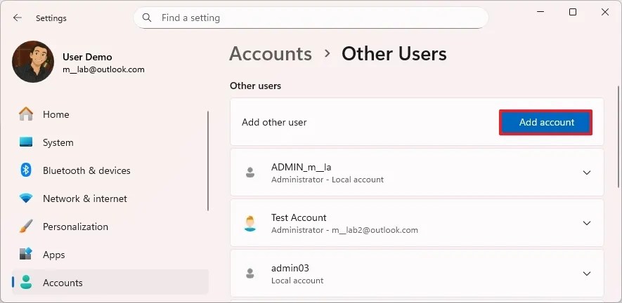 Windows 11 add new account