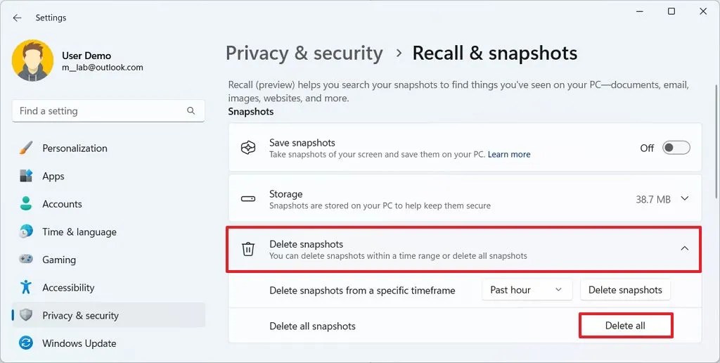 Windows Recall delete snapshots