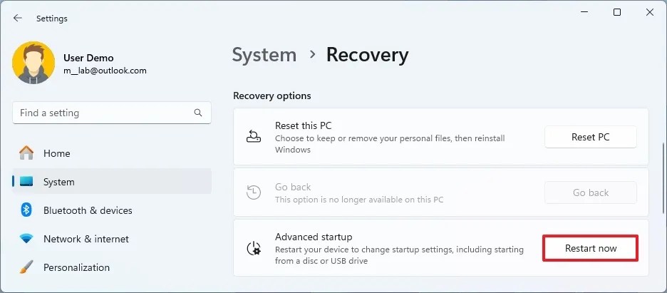 Opción de reinicio avanzado de inicio ahora