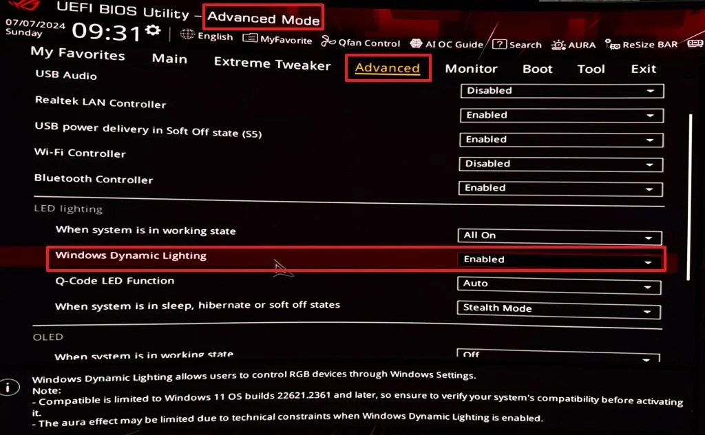 ASUS BIOS UEFI włącza Dynamiczne Oświetlenie