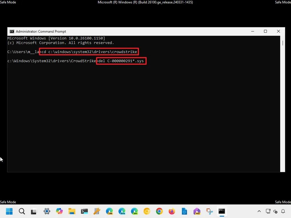 Safe Mode fix CrowdStrike BSoD with Command Prompt