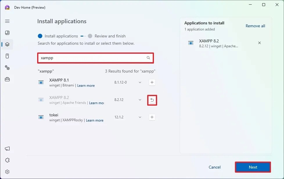 Dev Home search XAMPP