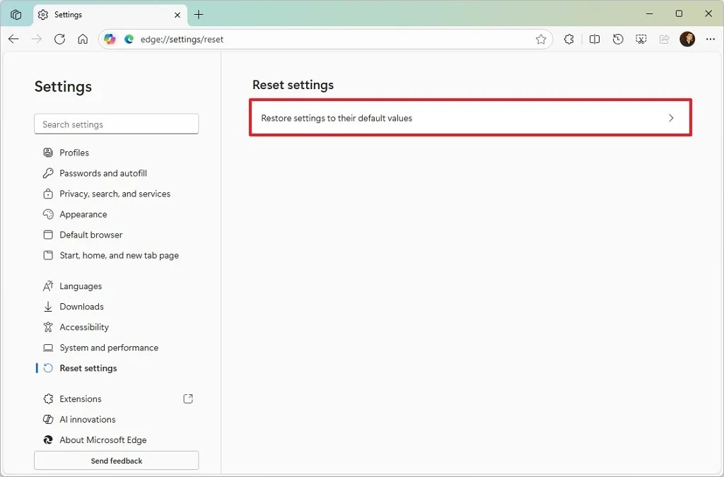 Restore settings to their default values