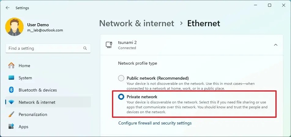Enable Private Network profile