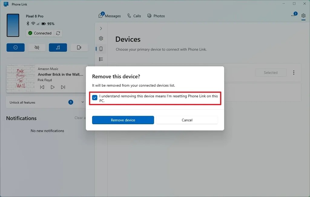 Phone Link remove device confirmation