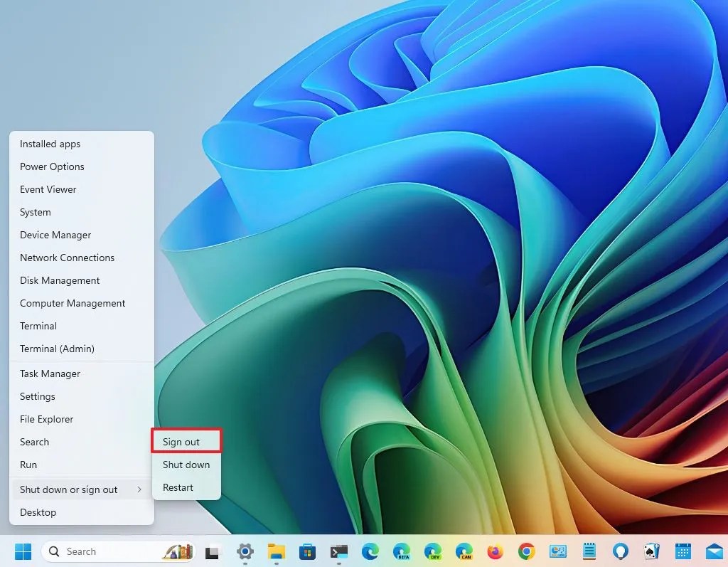 Start button context menu sign out option