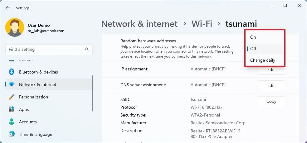 Enable random MAC specific network