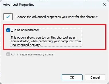 Advanced Properties run as administrator option