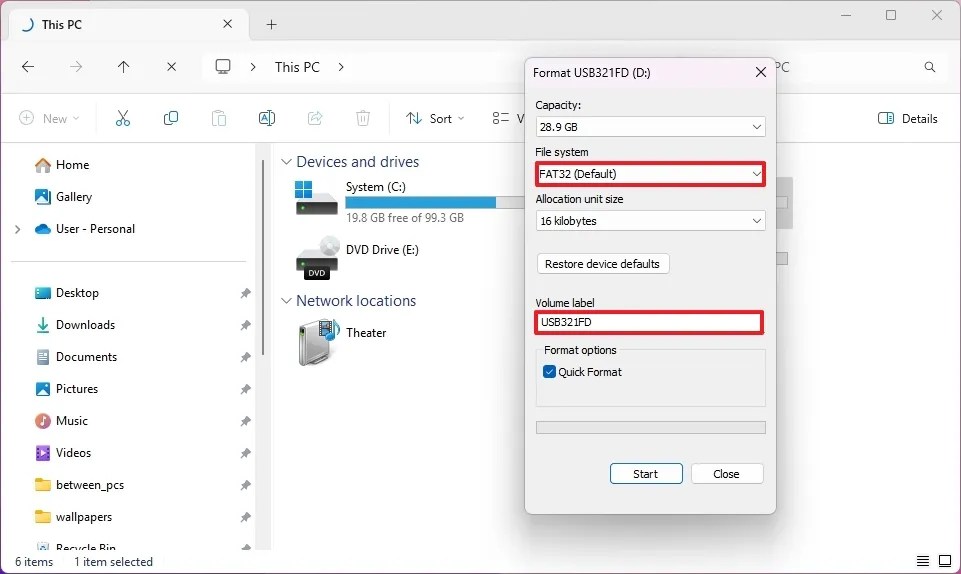 Drive format with FAT32 file system