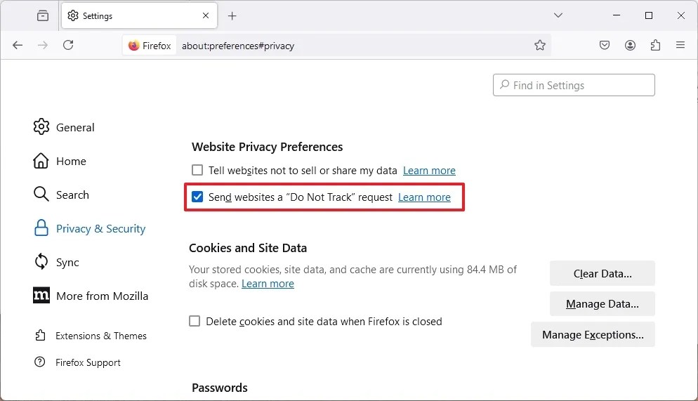 Send websites a "Do Not Track" request