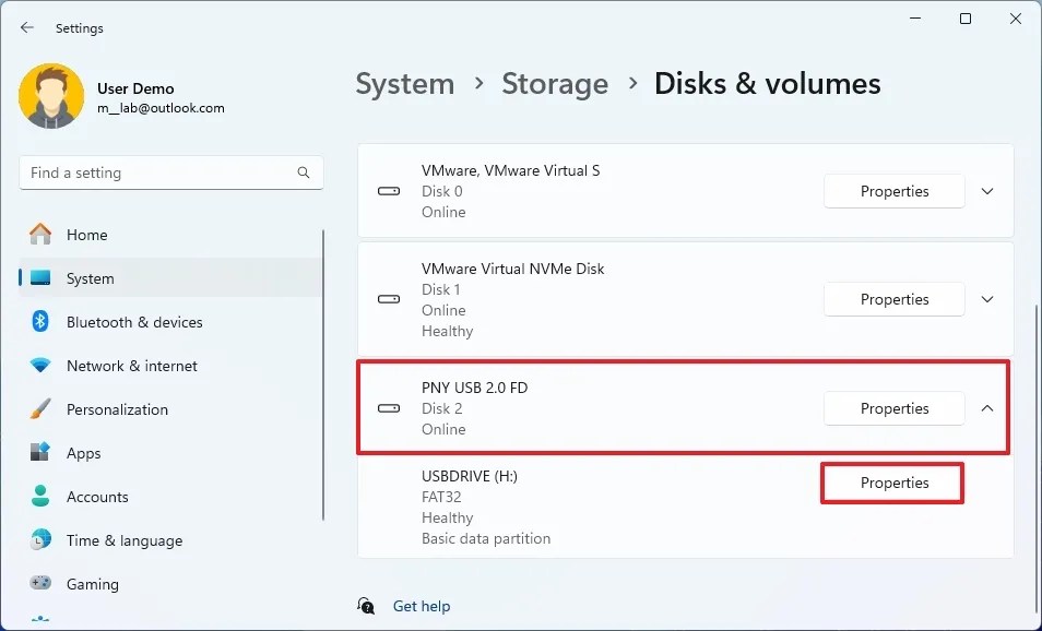 Settings open drive properties