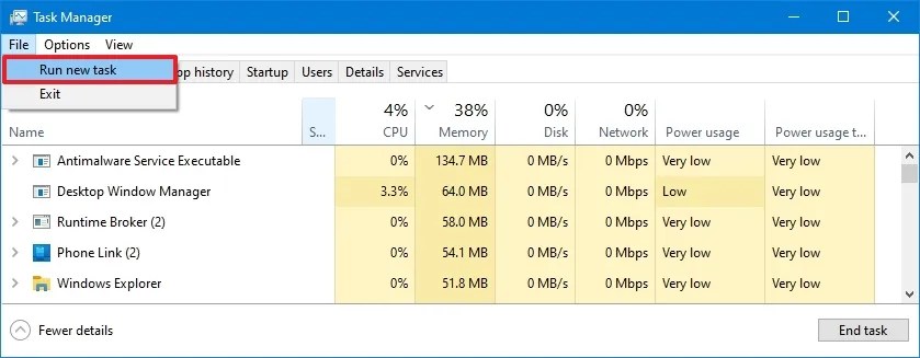 Windows 10 Task Manager Run new task