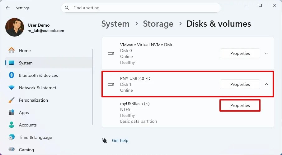 Settings open drive properties