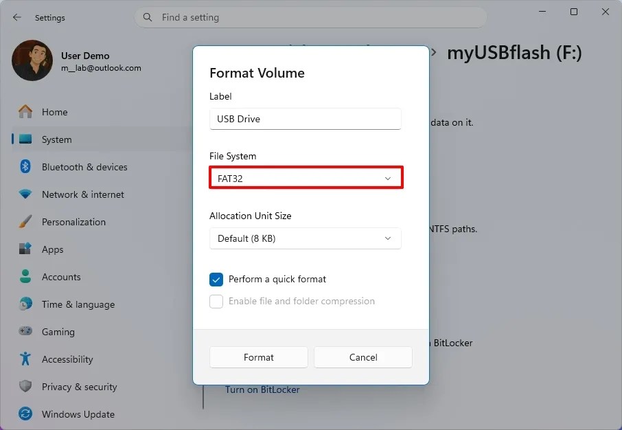 Windows 11 Settings format FAT32