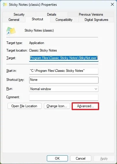 App properties advanced option