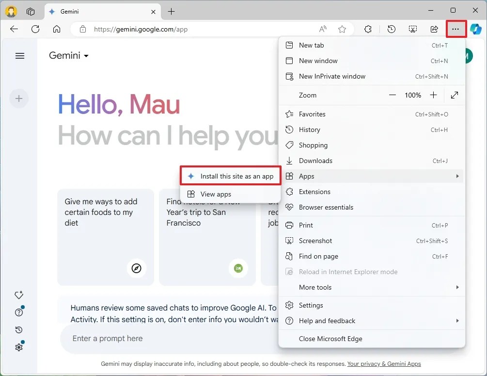 Google Gemini app install on Edge