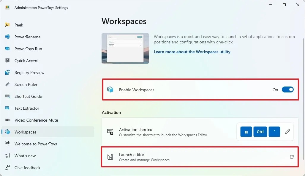 PowerToys enable Workspaces