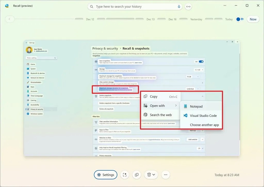 Click to Do extract text inside Recall
