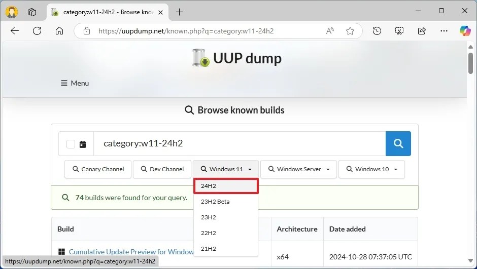UUP Dump Windows 11 selection