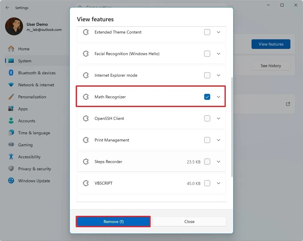 Uninstall optional feature