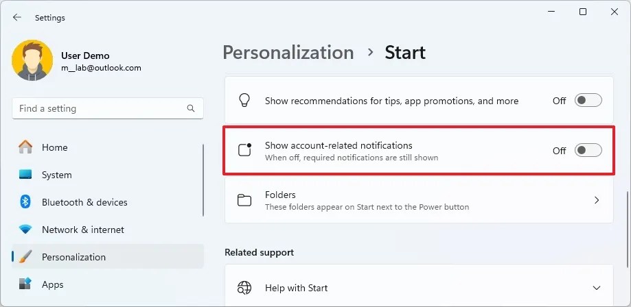 Start menu disable account notifications