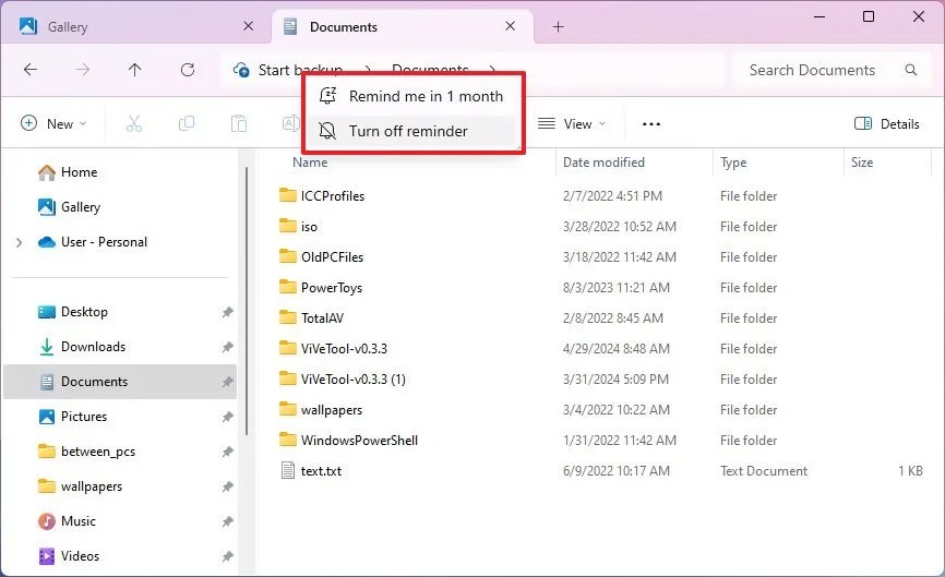 File Explorer disable backup notification
