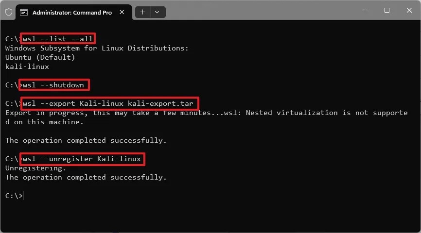 WSL export distro commands