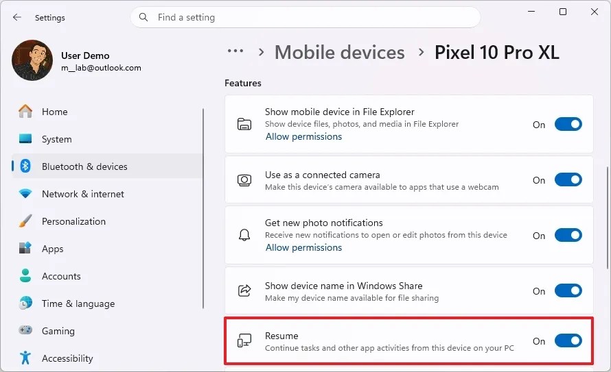 Mobile Devices enable Resume option