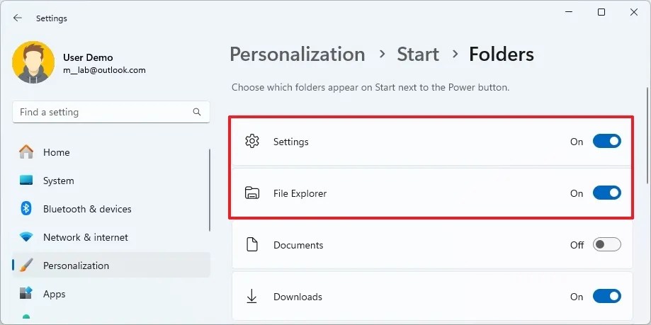 Botões de adicionar ou remover pastas do menu Iniciar