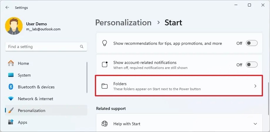 Menu Iniciar Configurações de pastas